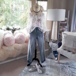 EUC Vision Quest light wash painted side stripe jeans with drawstring waist